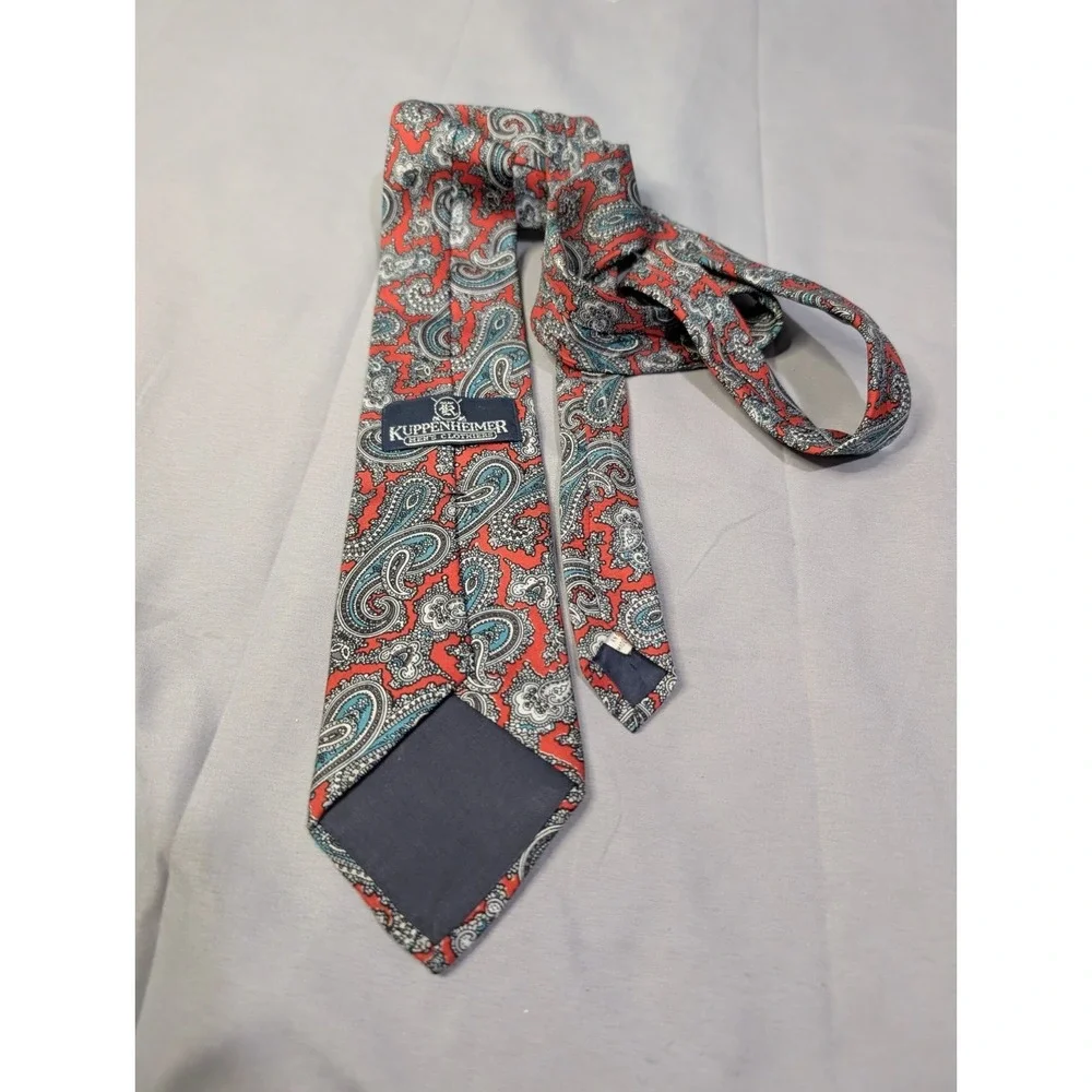Kuppenheimer Silk Tie Red‎ Paisley Teal Gray USA Made Classic Vintage Men's Tie